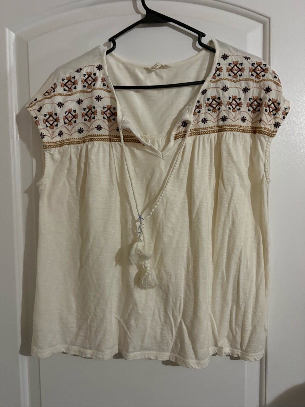 Lucky Brand Cream Embroidered Tassel Peasant Top
